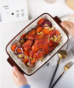 Macarons fleur verte <span class=keywords><strong>grand</strong></span> <span class=keywords><strong>plat</strong></span> de cuisson en céramique avec poignées vente en gros <span class=keywords><strong>plat</strong></span> de cuisson et casserole pour la maison - Product Image 4