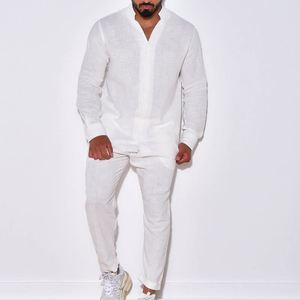 Completi da <span class=keywords><strong>Uomo</strong></span> <span class=keywords><strong>in</strong></span> <span class=keywords><strong>Lino</strong></span> Primavera Autunno Tuta Casual Camicie a Maniche Lunghe e Pantaloni Set Due Pezzi Moda <span class=keywords><strong>Abbigliamento</strong></span> Maschile - Product Image 2