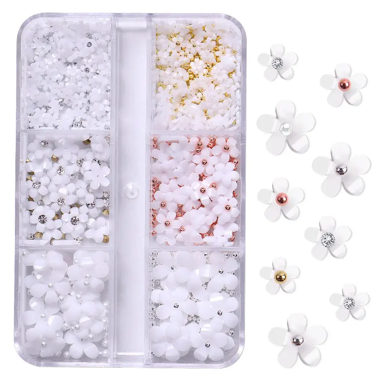 6 Decoraciones de uñas de rejilla Manicura de flores acrílicas coloridas, Manicura en relieve de flores 3D con diamantes de imitación, Kit de accesorios para uñas.