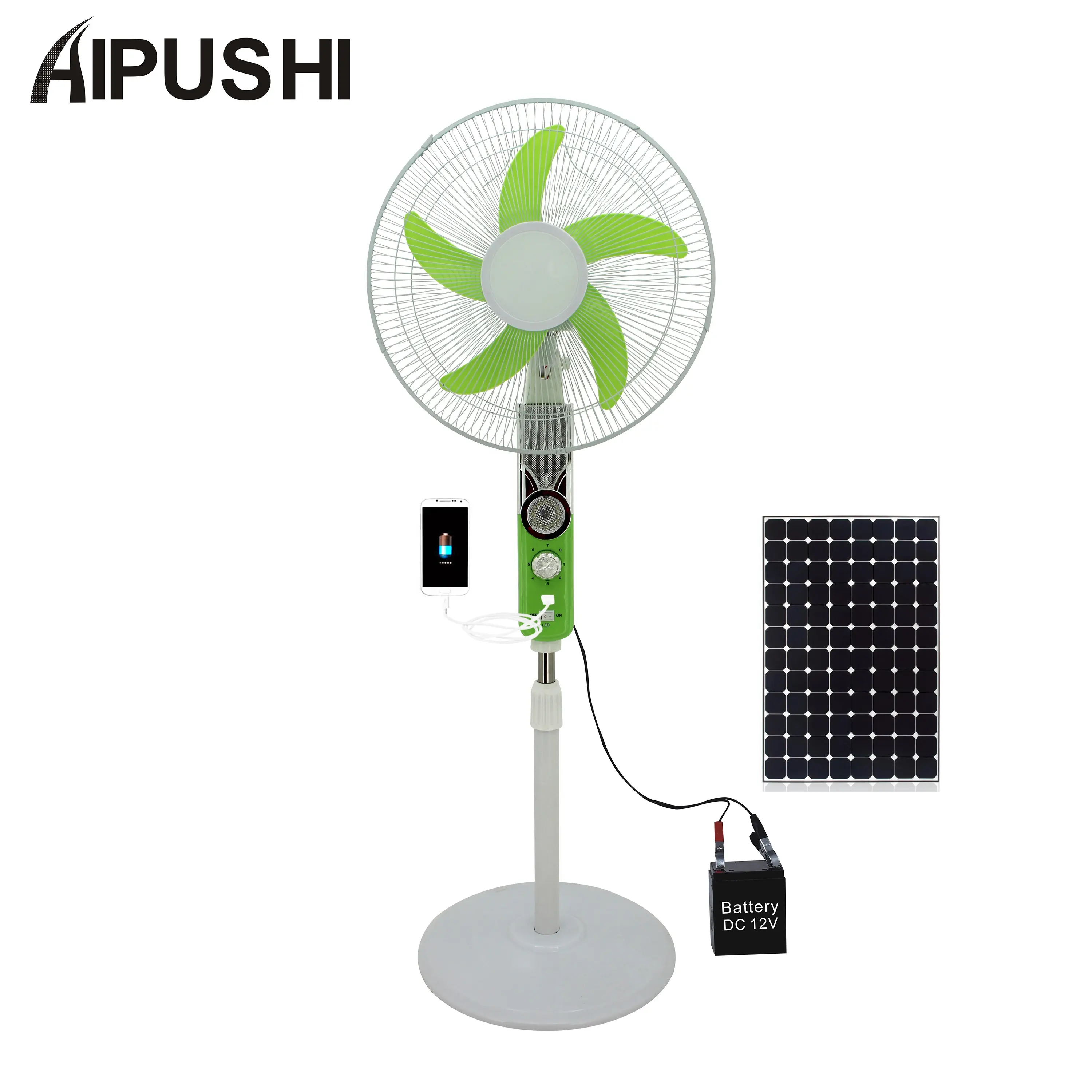 Home appliance 12v solar power stand fan ac dc USB port LED light standing fan