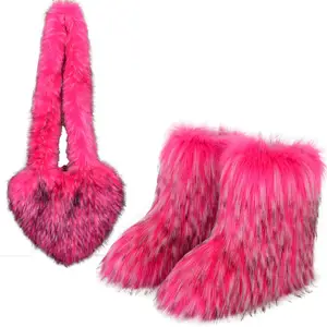 2023 Factory Price European High Top warmful Faux Fur Winter Women Customized Color Wholesale Deep Mouth boots with match bag