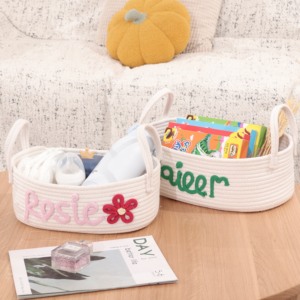 <span class=keywords><strong>Panier</strong></span> de rangement <span class=keywords><strong>personnalisé</strong></span> en corde de coton avec nom et motif floral sur mesure – Organisateur tressé pour chambre d'enfant et cadeaux de naissance - Product Image 3