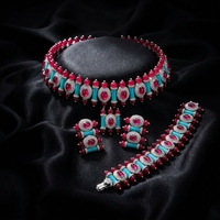 Parure de bijoux ethniques de luxe vintage en laiton plaqué or blanc avec rubis et turquoise pour femme, 4 pièces, pour mariage