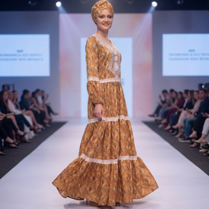 Vestido Maxi Africano de Lujo con Estampado Floral Dorado y Ribete de Encaje para Mujer, Manga Larga, Rayón Ecológico, Transpirable, Verano - Product Image 3