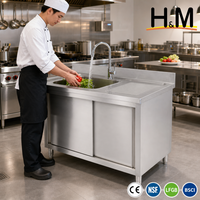 Meuble d'évier en acier inoxydable avec portes coulissantes, évier simple commercial avec égouttoir, base fermée, certifié NSF, pour rangement de cuisine