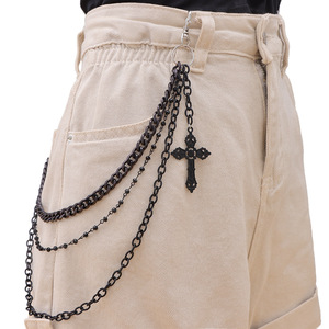 Cadena de Cintura Unisex Negra de Triple Capa con Colgante de Cruz, Estilo Hip Hop, para Uso Diario, Accesorio de Cinturón de Aleación de Zinc - Product Image 1