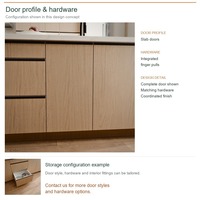 Meuble de cuisine contemporain en PVC avec îlot, portes en panneaux imitation chêne, options de rangement coulissantes et boîtes de rangement en panneaux de particules