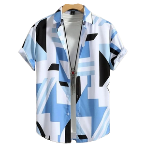 Camisa de Verano Estilo Hawaiano Casual para Hombre, Patrón Geométrico, Manga Corta, Botones, Tejido de Punto, Servicio OEM, Camisas de Playa con Estampado Digital - Product Image 1