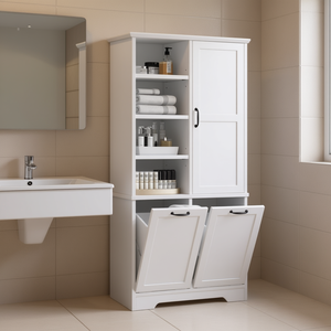 Mueble de Baño Independiente Blanco con Cesto para Ropa Sucia Abatible, Estantes Abiertos, 24 Pulgadas de Ancho, Diseño Rústico de Madera - Product Image 2