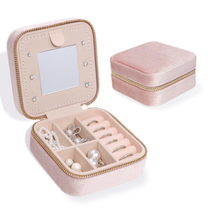 Lightweight Luxury Velvet Jewelry Storage <b>Box</b>, <b>Mirror</b>, Portable Travel Zipper <b>Box</b>, Circular Ring, Necklace, Earring <b>Box</b> - Product Image 1