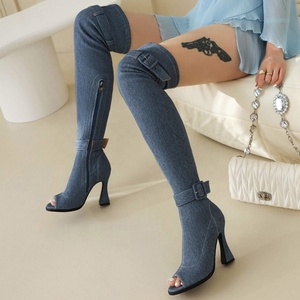 Large Size 46 Women Stretchy Thigh High Boots Summer Belt Buckle Denim Long <b>Booties</b> Over Knee Peep Toe High Heel Shoes - Product Image 4