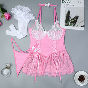 เซ็ตชุดชั้นในกระโปรงสั้นตาข่ายแบบซีทรูพร้อมถุงน่องชุดชุดชั้นในติดโบว์สุดเซ็กซี่ - Product Image 6