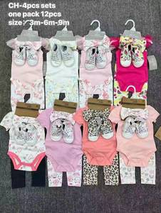 Conjunto de Roupas para Bebês Meninas J25XL com 4 Peças, Body Estampado, Leggings, Faixa de Cabelo com Laço e Sapatos, Conjunto Boutique Infantil - Product Image 1