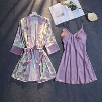 Chemise de nuit d'été sexy en soie imprimée de motifs floraux Pyjamas pour femmes Ensemble deux pièces