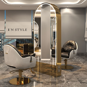 Miroir de Salon Moderne Double Face avec Éclairage LED, Meuble de Salon de Coiffure de Luxe à Cadre Doré, Poste de Barbier Arqué - Product Image 4