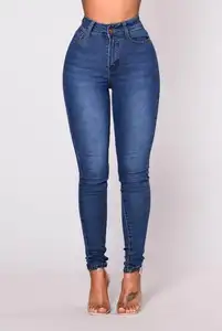 Celana Jeans Denim Dasar Klasik Ramping Wanita, Celana Jin Kurus Pinggang Tinggi Elastis Elastis untuk Perempuan