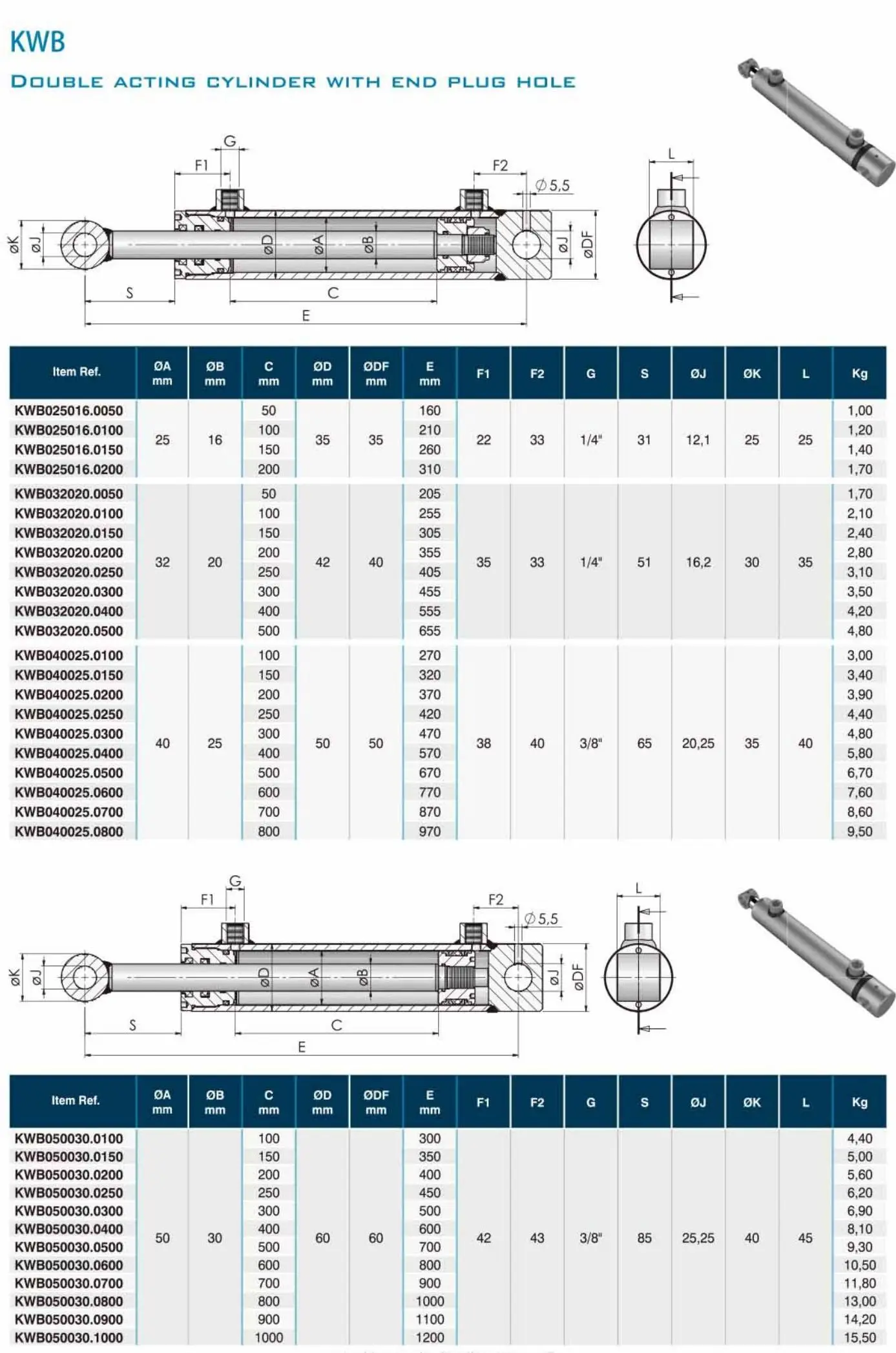 KWB Double Acting Hydraulics Cylinder with End Plug Hole