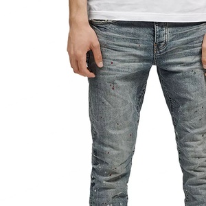 Custom Vintage Washed Slim Fit <b>Jeans</b> Light Blue Faded Denim Trousers Splatter Printed <b>Indigo</b> <b>Jeans</b> for <b>Men</b> - Product Image 5