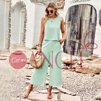 KISS ME ANGEL ensemble de mode d'été féminité couleur unie haut sans manches ample pantalon neuf quarts femmes ensemble deux pièces