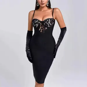 Summer women's Strap Lace Splice Hollow out Bandage Dress Fashion Elegant Party Black Banquet Sexy Midi Dresses