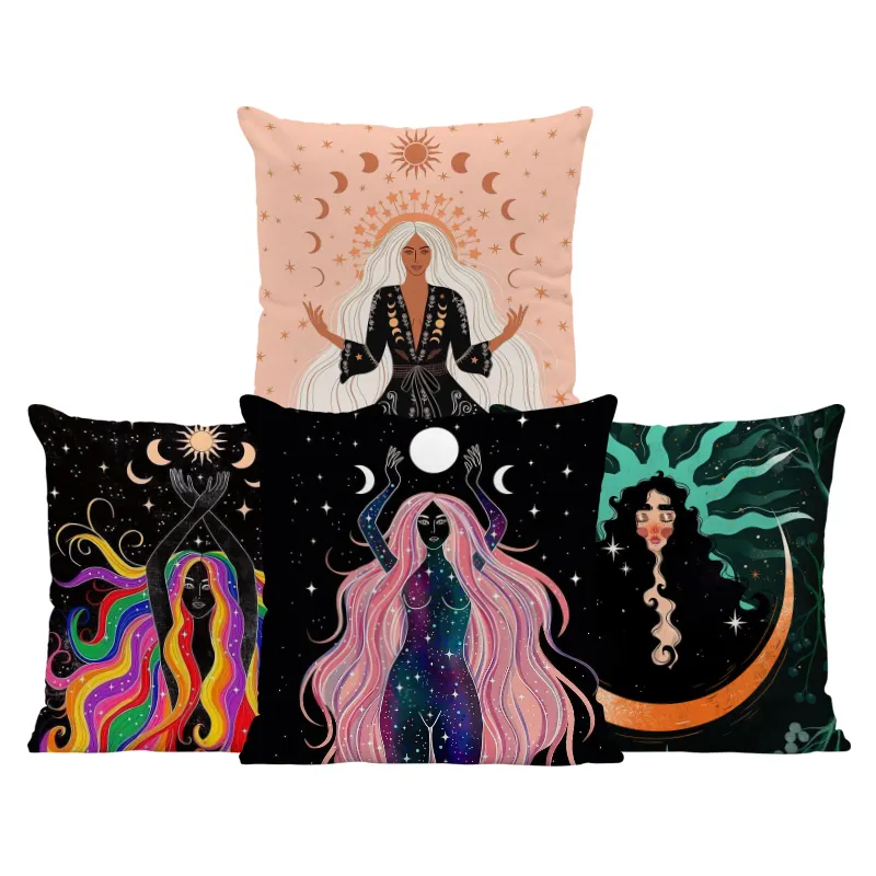 Federa per cuscino su misura personalizzata all'ingrosso India Moon Phase Maiden figure Set di 4 fodere per cuscino in velluto Decor per bambino