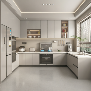 Ensemble de meubles de <span class=keywords><strong>cuisine</strong></span> modulaires haut de gamme contemporains, finition laquée beige, grand rangement intégré, directement de l'usine - Product Image 2