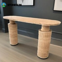 Table de couloir en travertin StoneSun, table d'entrée en travertin classique italien, table console en marbre cannelé