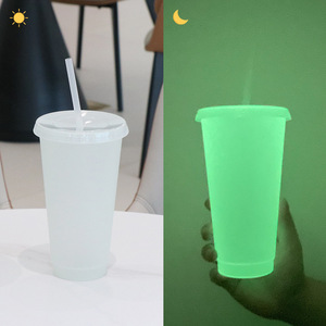 Vaso de Plástico PP de 710 ml (24 oz) que Brilla en la Oscuridad, con Tapa y Pajita, Color Verde Neón Cambiante, Moderno, Minimalista, de Pared Simple, Reutilizable - Product Image 2