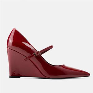 Sandalias de tacón alto con punta en pico y correa central con hebillas para mujer, zapatos de vestir de verano con tacón cubierto y charol, estilo sexy - Product Image 5