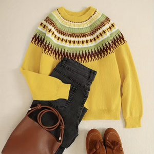 <strong>Women's</strong> Fair Isle Yoke Knit Sweater 2026 Winter Crew Neck Long Sleeve Pullover 100% Polyester <strong>Mustard</strong> Yellow Geometric <strong>Jumper</strong> - Product Image 1