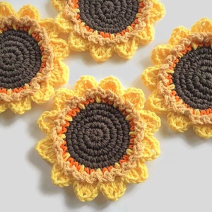 Posavasos de girasol tejidos a crochet, juego de 4, redondos, estilo bohemio floral, reutilizables, decoración para el hogar, amarillo, naranja, marrón - Product Image 2