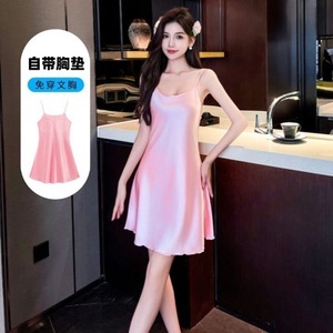 Chemise de nuit en soie glacée avec soutien-gorge rembourré pour femme, sans manches, en satin, pour la maison, l'hôtel et le bain - Product Image 4