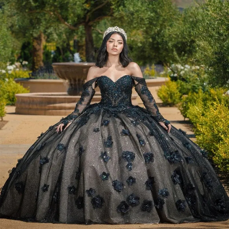 Vestido de baile preto Mumuleo princesa quinceanera, vestido de espartilho com flores 3D, formal de formatura, doce de 15 e 16 anos