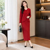 Ensemble jupe deux pièces en tricot rouge pour femme, col en V, style chinois, boutons grenouille, pull en laine, jupe crayon mi-longue
