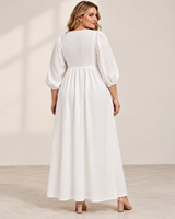 Robe longue décontractée ample et fluide en dentelle à col en V pour femmes grandes tailles, manches longues, style kaftan, vente en gros personnalisée