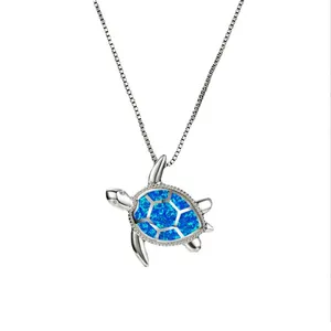 Fashion Blue Imitati Opal Sea Turtle Pendant Necklace for Women Animal Wedding Ocean Beach Jewelry