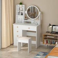 Prix usine 2026 Coiffeuse moderne européenne en bois avec miroir éclairé, étagères, tiroirs et tabouret pour chambre et hôtel