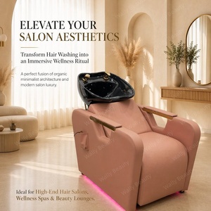 Bac à shampoing ergonomique moderne en céramique avec lit de lavage, dossier vibrant, accoudoirs dorés et éclairage pour station de beauté et spa - Product Image 2