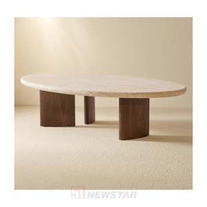 طاولة قهوة فاخرة من الترافرتين بسطح حجري طبيعي مستدير وقاعدة خشبية لمساحات المعيشة الراقية - Product Image 1