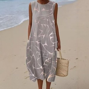 Nuovo Abito Lungo da Spiaggia per Donna 2026, Stile Vacanza al Mare, Stampa Artistica Retrò, Collo Tondo, Vestibilità Ampia - Product Image 4