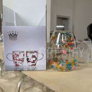 Tasse à thé en <span class=keywords><strong>verre</strong></span> borosilicate à <span class=keywords><strong>double</strong></span> <span class=keywords><strong>paroi</strong></span> avec poignée, personnalisable avec logo, motif floral - Product Image 5