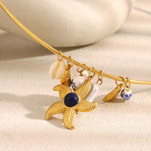 Chaîne à maillons plaquée or 18K Collier ras du cou Pendentif étoile de mer Hypoallergénique en acier inoxydable Perle d'imitation Cadeau pour femme N90 - Product Image 4