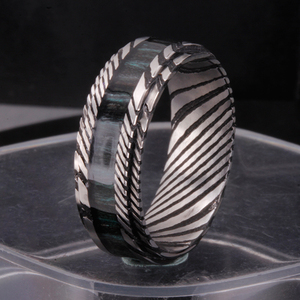 Bague en acier de Damas noir, incrustation bois et <span class=keywords><strong>opale</strong></span> concassée, alliance unique pour homme, bijoux de luxe faits à la main - Product Image 5