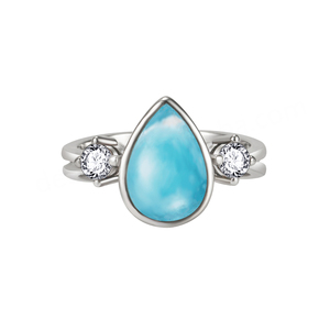 Elegant Jewelry 925 Sterling Silver Jewelry Natural Blue <b>Ring</b> Pear Shape With Round AAA+ <b>CZ</b> Genuine Larimar <b>Ring</b> for Gift <b>Rings</b> - Product Image 1