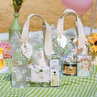 Sac fourre-tout transparent en PVC personnalisable style européen pour la fête des mères, les mariages ou les anniversaires, avec ruban et étiquette perlée