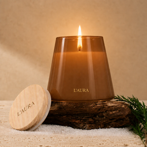 Velas Cónicas de Lujo al por Mayor en Frascos |   Contenedor Cónico Marrón Caramelo Translúcido Brillante |   Tapa de madera con logo en lámina dorada para caja a granel - Product Image 1