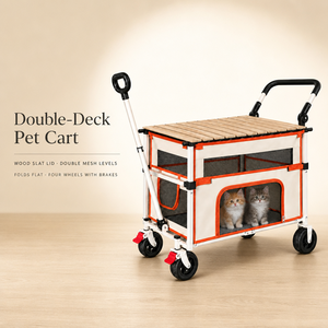 Chariot pour animaux de compagnie à double étage, pliable, avec couvercle en bois, 4 roues avec freins, pour chats - Product Image 6