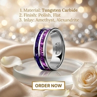 Bagues de mariage POYA 8 mm en carbure de tungstène poli argenté avec incrustation d'améthyste violette et d'alexandrite, bijoux de fiançailles pour couple