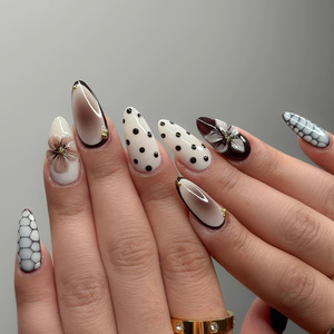 Uñas Postizas Francesas con Diseño de Lunares, Precio de Fábrica TSZS, 24 Piezas, Forma de Almendra, Longitud Mediana, con Flor de Lirio 3D - Product Image 2
