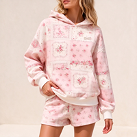 Ensemble sweat à capuche et short surdimensionné à manches longues avec logo personnalisé, imprimé floral patchwork rose pour femme